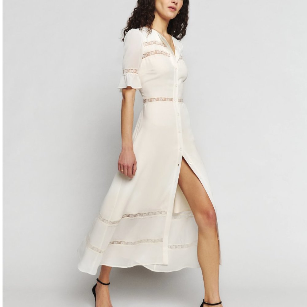 Reformation Cream Button-Front Midi Dress with Lace Insets